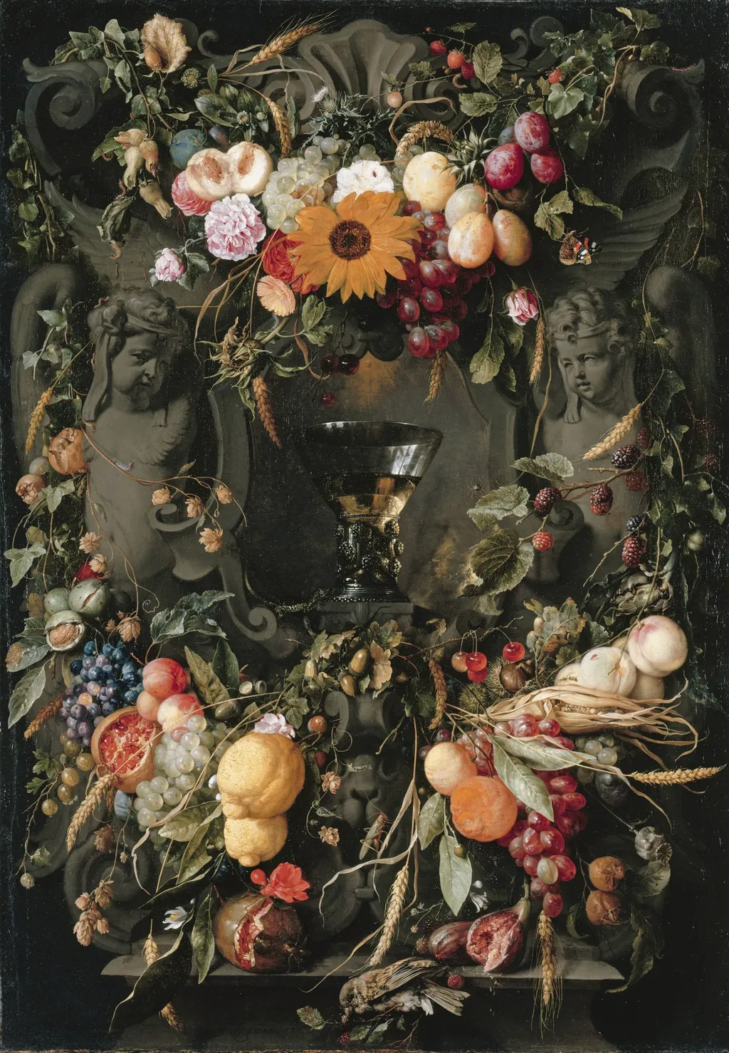 Cartouche with fruit and flowers and wine glass, by Jan Davidsz. de Heem, oil, 1680