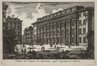 Veduta del Tempio di Antonino, oggi Dogana di Terra (View of the Temple of Antoninus, now the Land Customs Office), by Laura Piranesi, ink, 1784