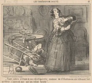 Toute entière a l'etude de son role ..., by Honoré Daumier, ink, 1858