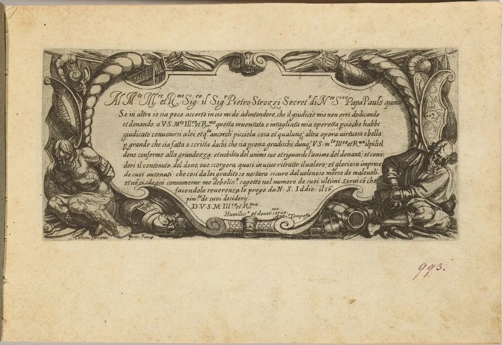 Frontispiece: Dedication to Pietro Strozzi, by Antonio Tempesta, ink, 1592