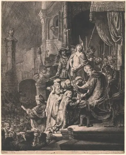 Christ before Pilate: Large Plate, by Rembrandt, ink, 1636