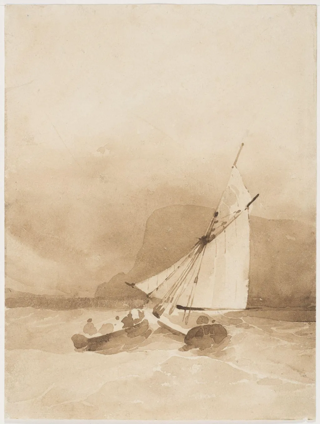 A sailing-vessel and a rowing-boat in rough seas off Beachy Head, by Richard Parkes Bonington