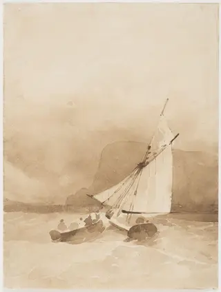 A sailing-vessel and a rowing-boat in rough seas off Beachy Head, by Richard Parkes Bonington