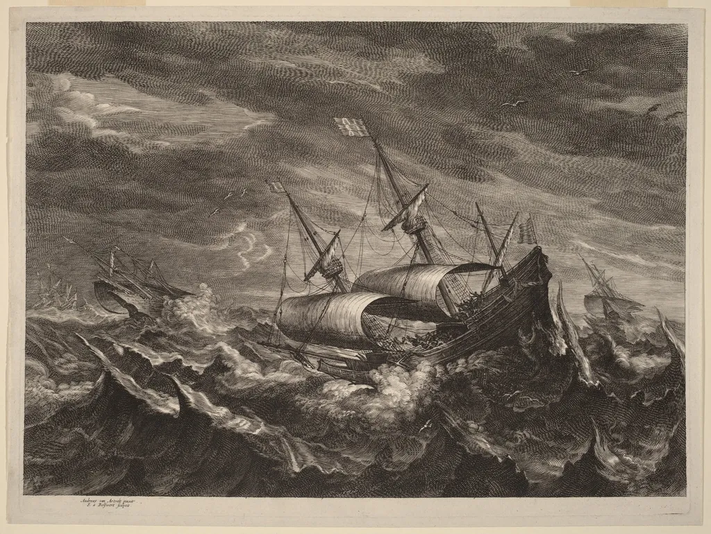 Sailing Boats in a Tempest, by Schelte Adams Bolswert, ink, 1638