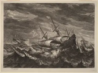 Sailing Boats in a Tempest, by Schelte Adams Bolswert, ink, 1638