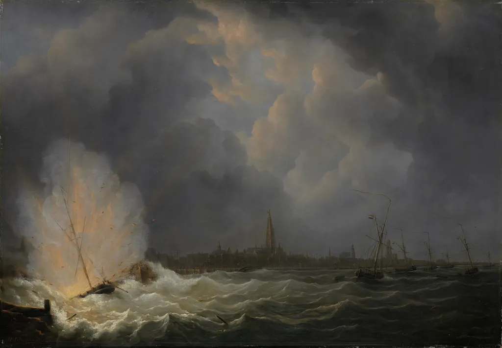 Explosion at Antwerp of Dutch Gunboat No. 2, Commanded by Jan van Speyk, 5 February 1831, by Martinus Schouman, oil, 1832