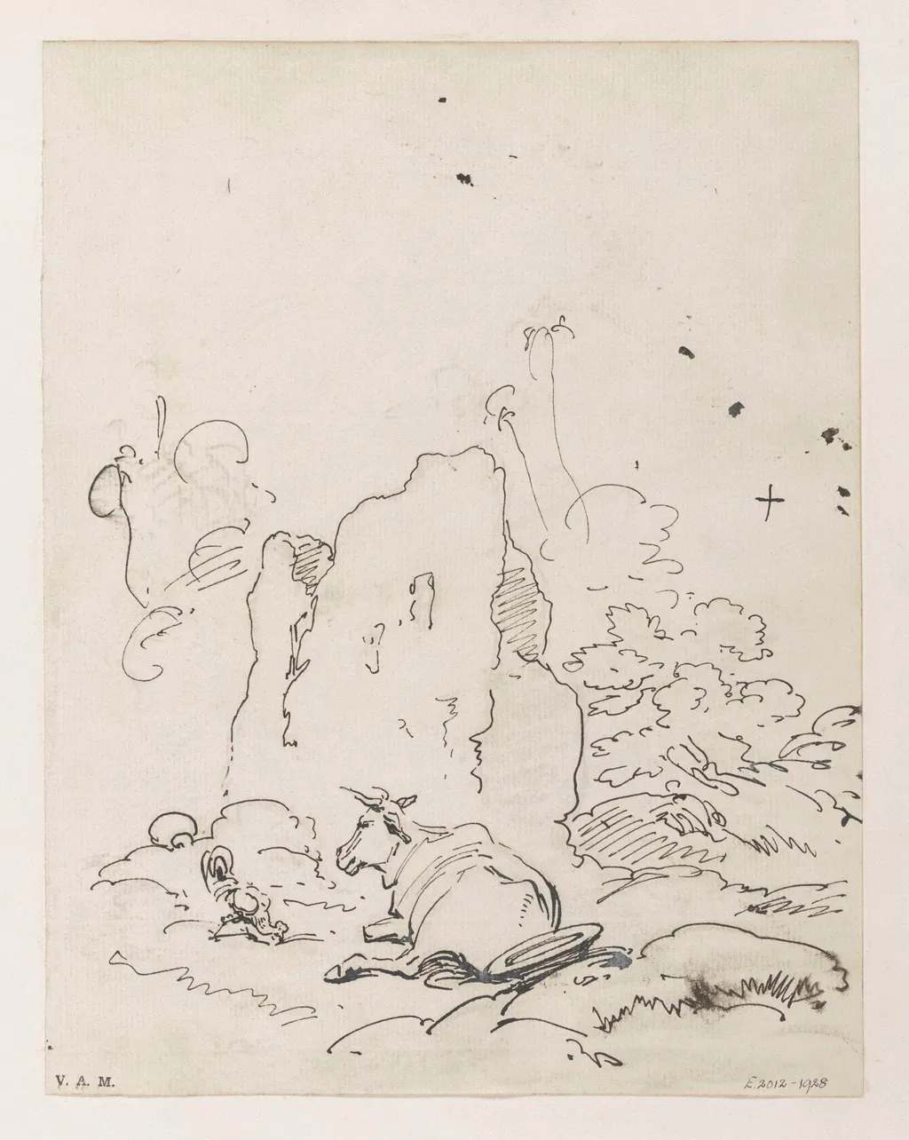 A cow beside a ruined building, by George Chinnery, 16