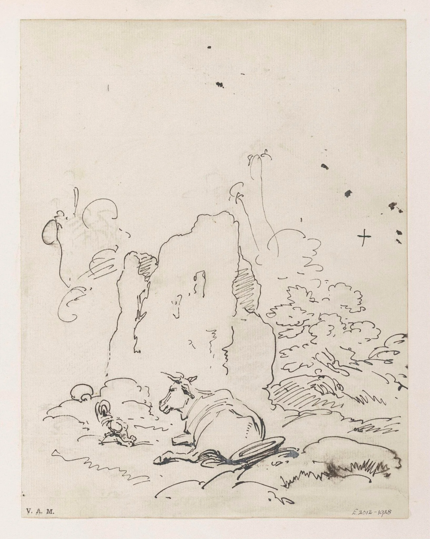 A cow beside a ruined building, detail