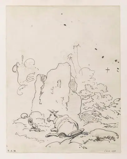 A cow beside a ruined building, by George Chinnery, 16