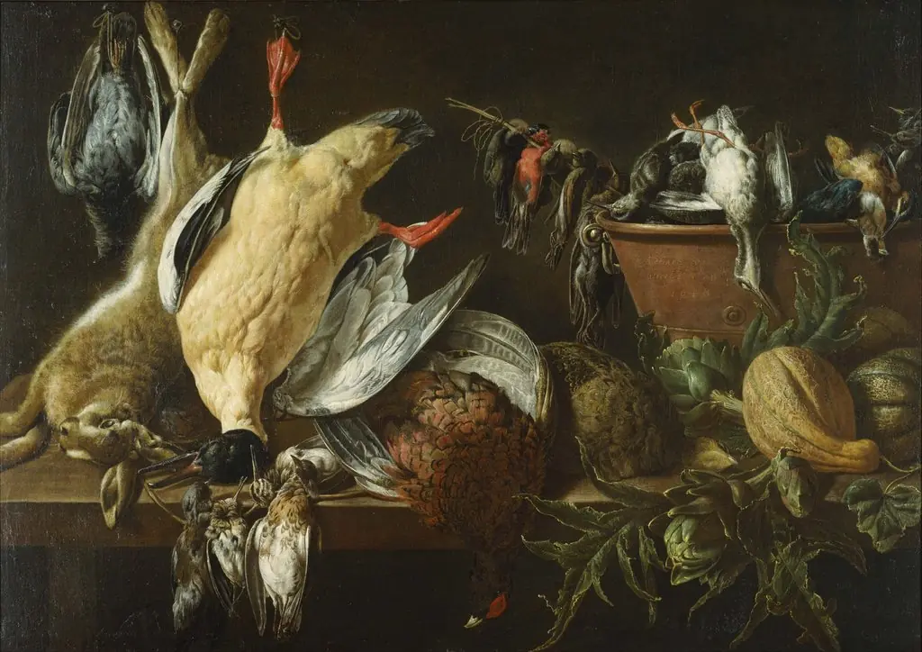 Still Life with Games and Vegetables, by Adriaen van Utrecht, oil, 1648