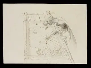 Two men working at an embroidery frame, by John Lockwood Kipling, 1870