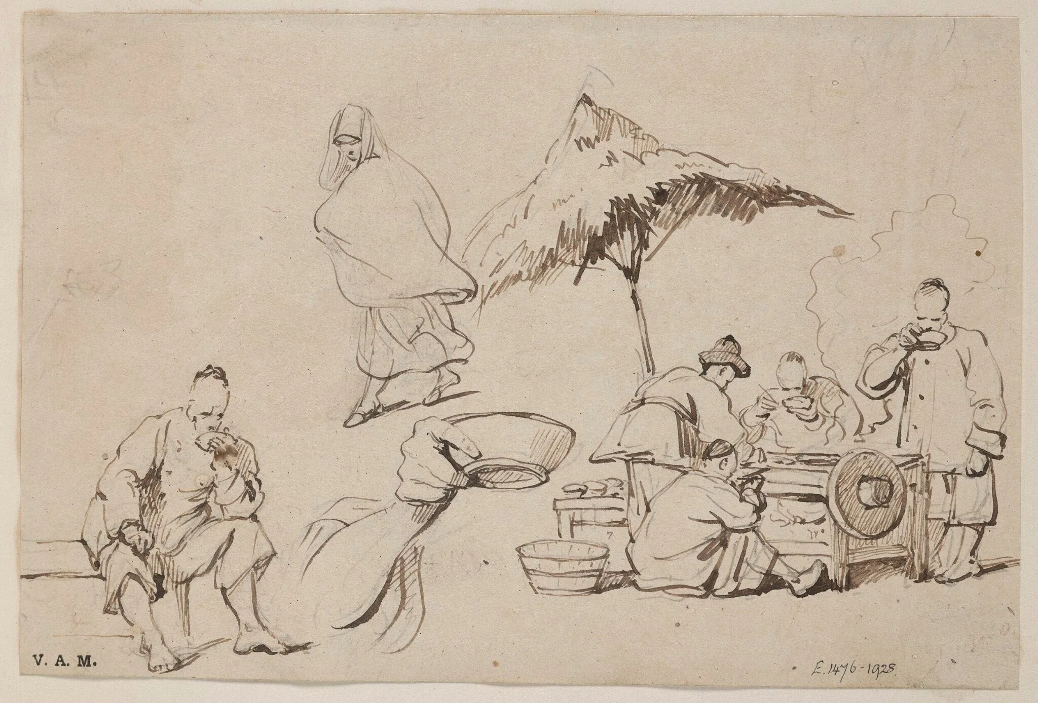 Chinese figures at a food stall, detail