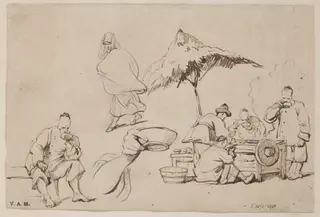 Chinese figures at a food stall, by George Chinnery, 19