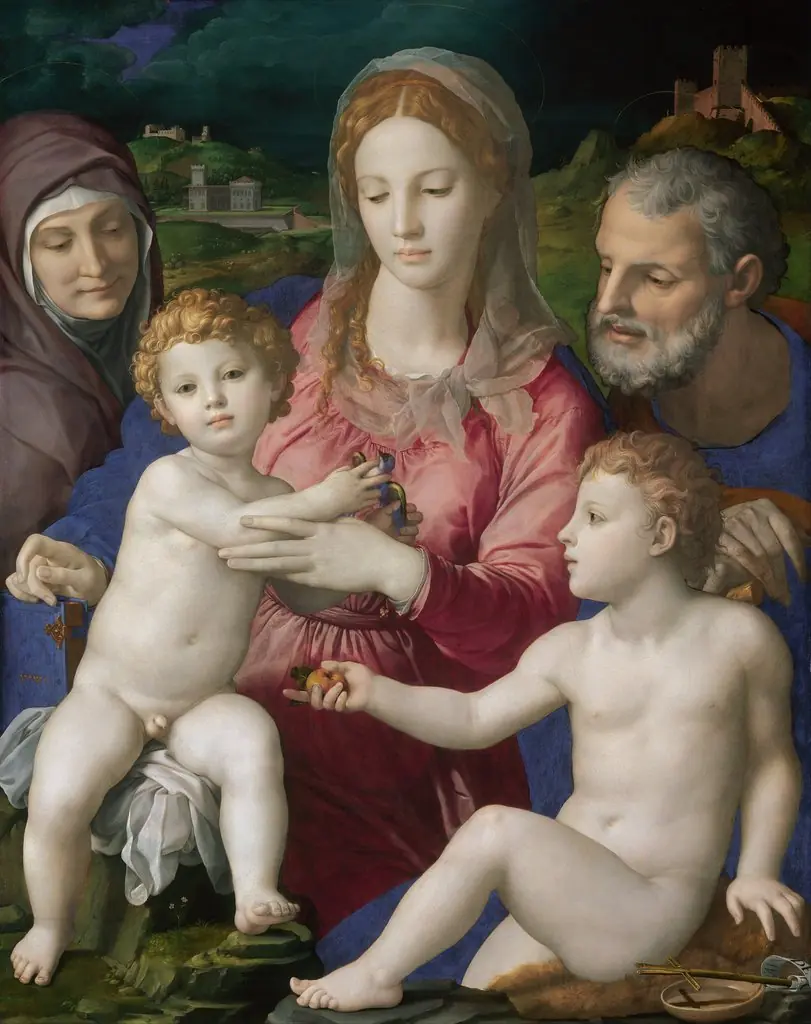Holy Family with St. Anne and the Infant St. John, by Bronzino, oil, 1545