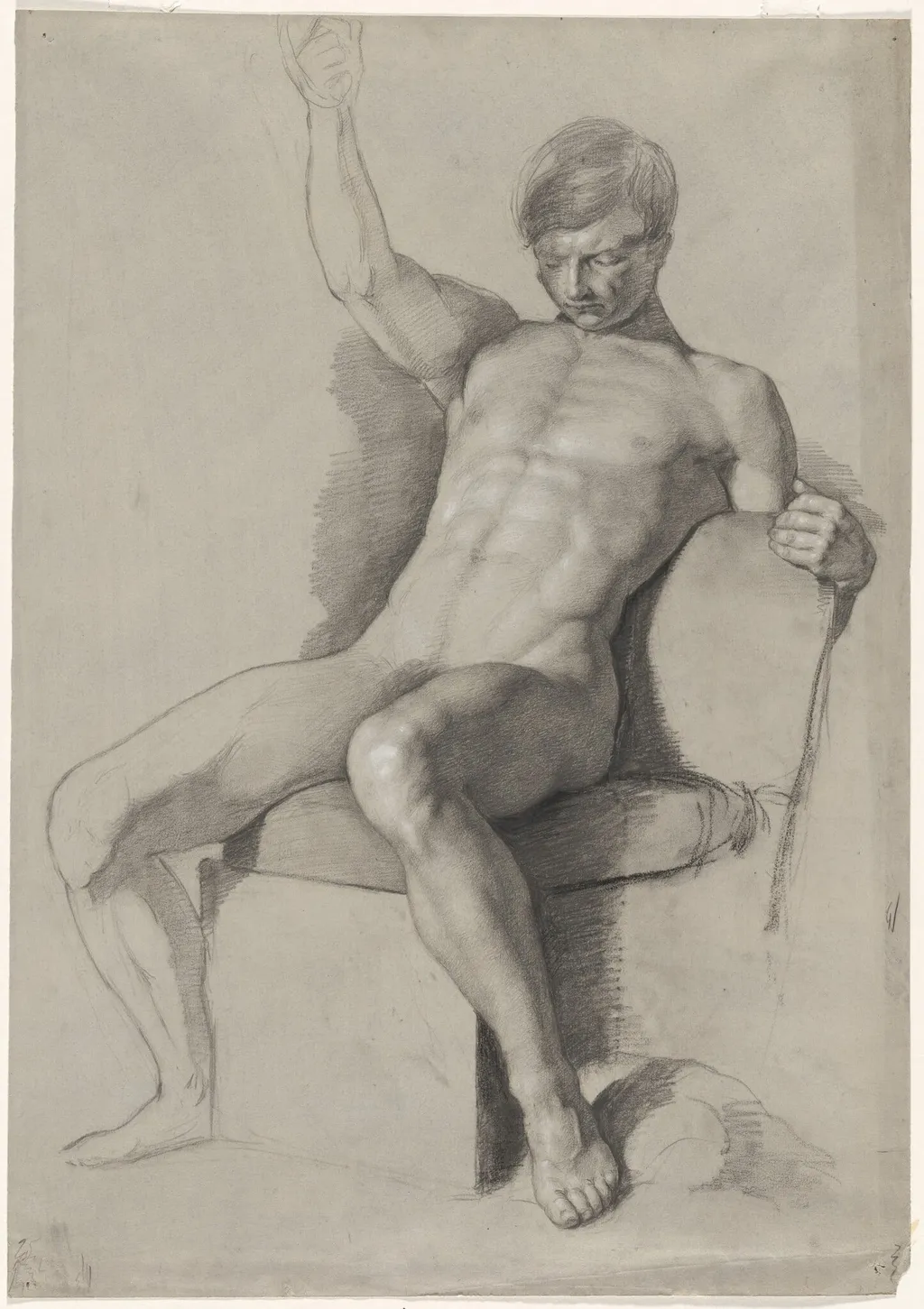 Seated Male Nude with Raised Right Hand, by William Linnell, graphite, 1848
