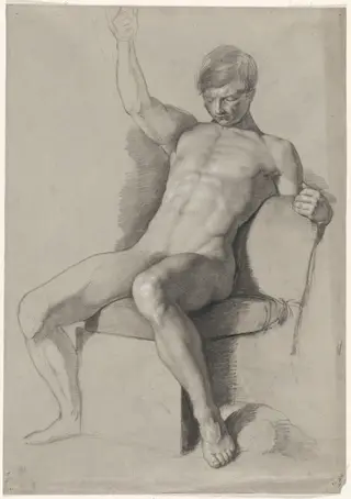 Seated Male Nude with Raised Right Hand, by William Linnell, graphite, 1848