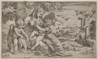 Madonna and Child with John the Baptist, by Orazio Farinati, ink, 1594