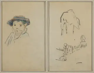 Little Breton Boy; A Pig and a Washerwoman [recto], by Paul Gauguin, crayon, 1886