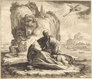 Saint John on the Isle of Patmos, by Jacques Callot, ink, 1625