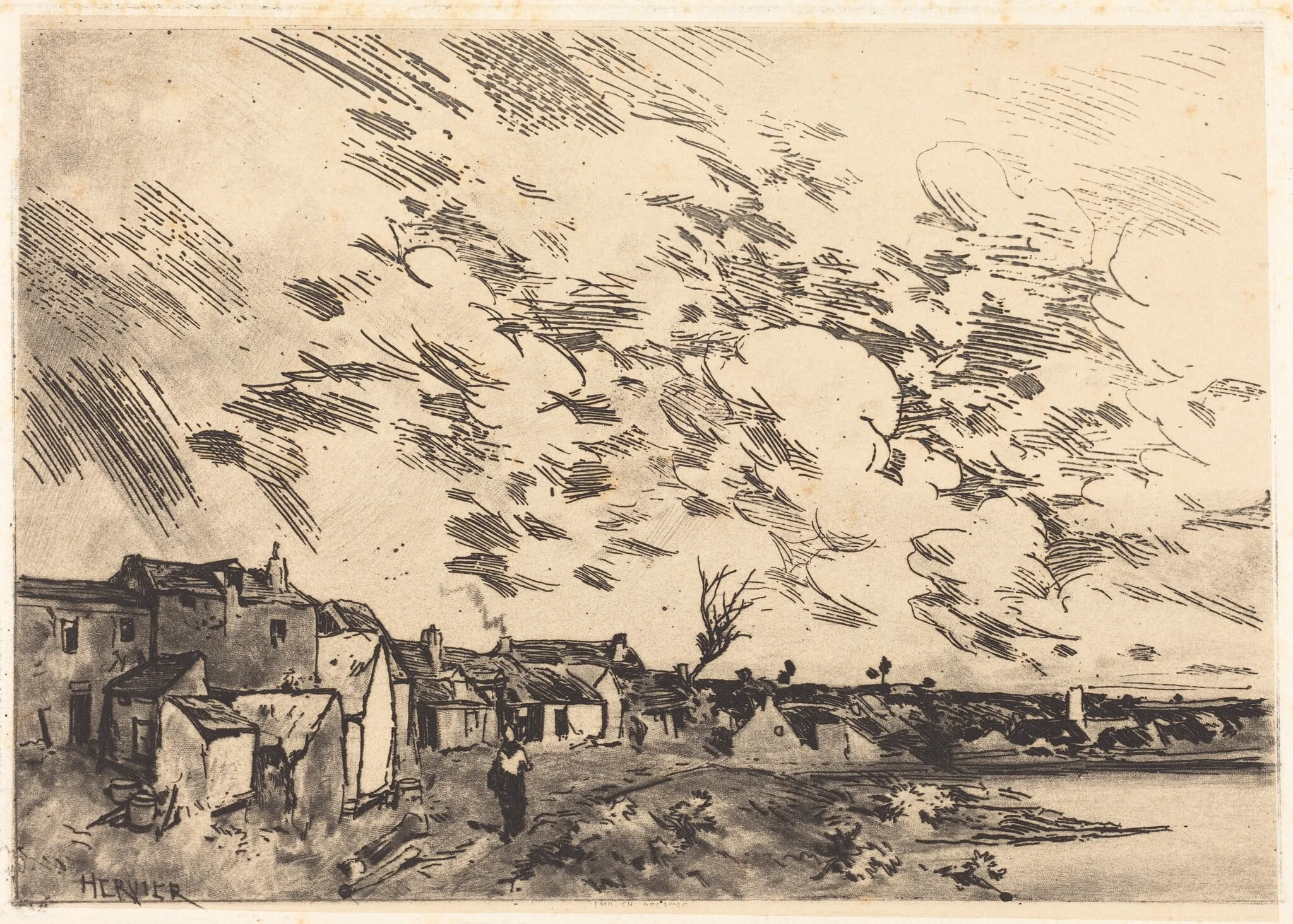 Village sur le bord d'une Riviere, detail