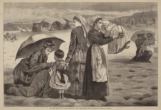 On the Beach at Long Branch - The Children's Hour, by James L. Langridge, ink, 1874