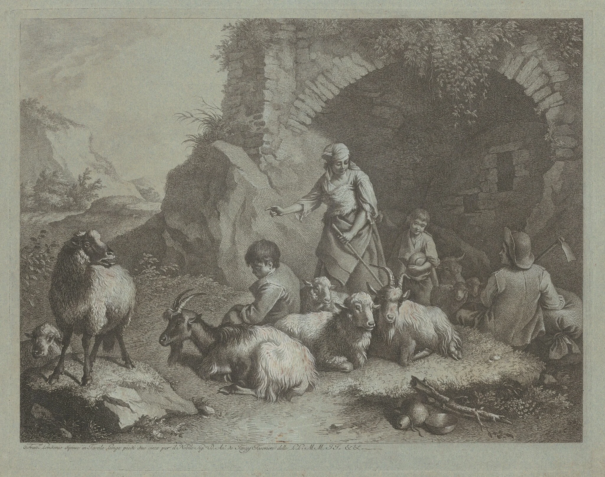 Woman, Shepherd Boys, and Sheep near an Arch, detail
