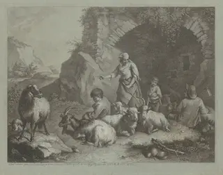 Woman, Shepherd Boys, and  Sheep near an Arch, by Francesco Londonio, ink, 1770