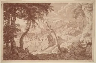 Mountain Landscape with Two Men Resting, by Johannes Glauber, ink, 1686