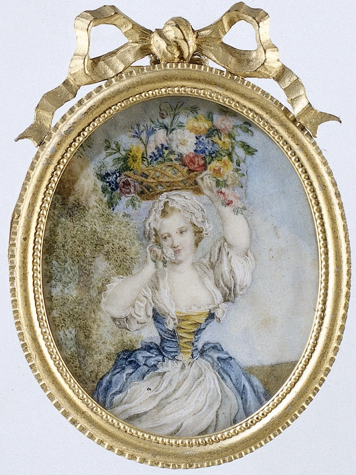 Schilderij met voorstelling van een meisje met bloemenmand, detail