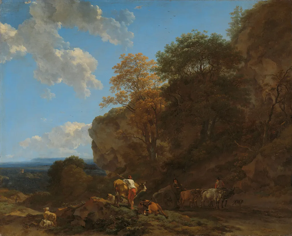 Italian Landscape, by Nicolaes Pieterszoon Berchem, oil, 1650