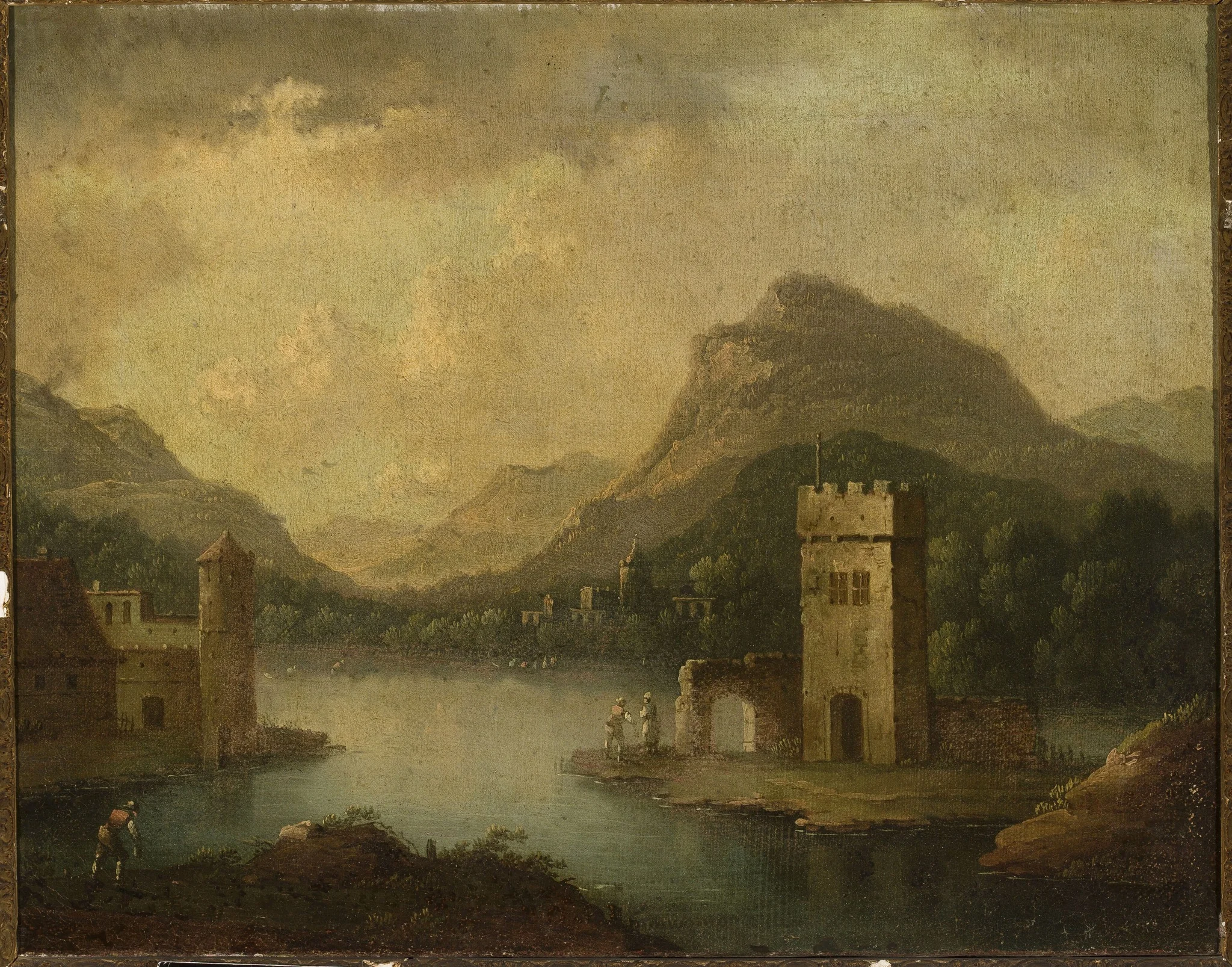 Romantic landscape with architecture, detail