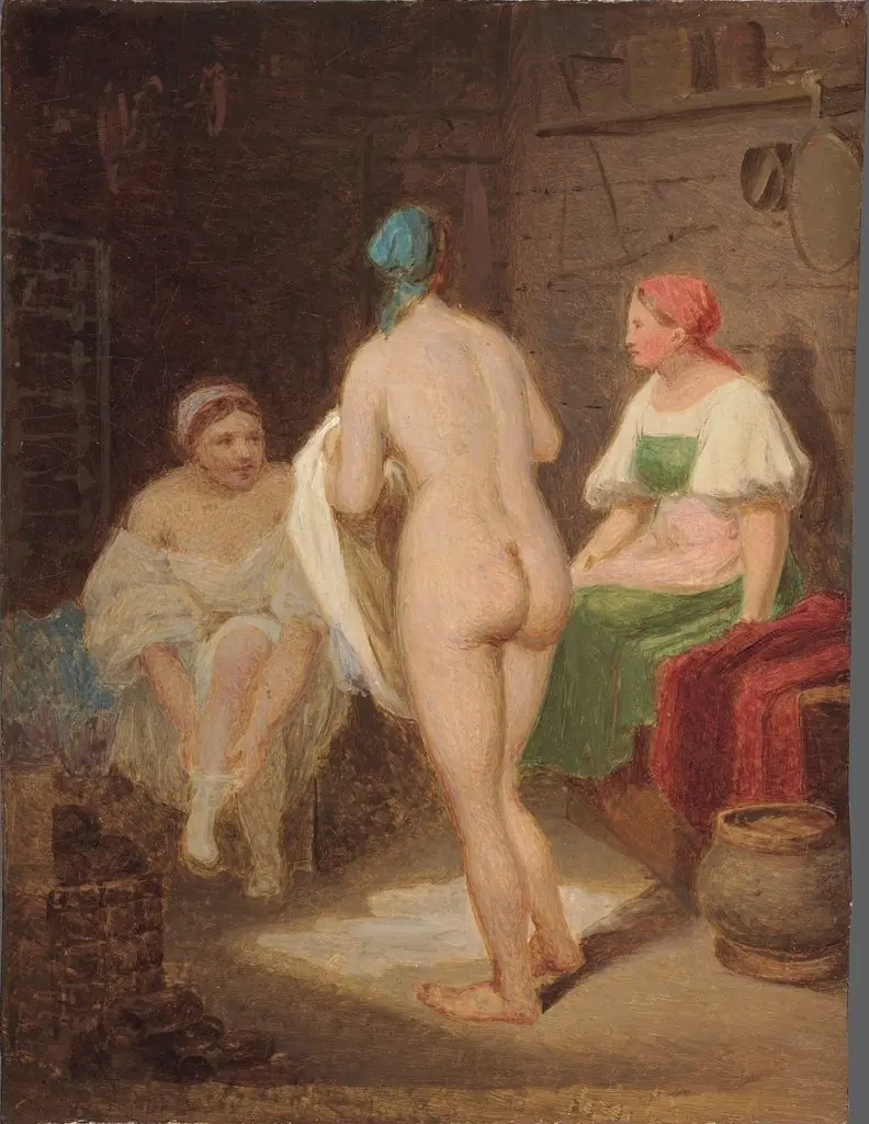 В бане. Эскиз, by Alexey Venetsianov, oil, 1823
