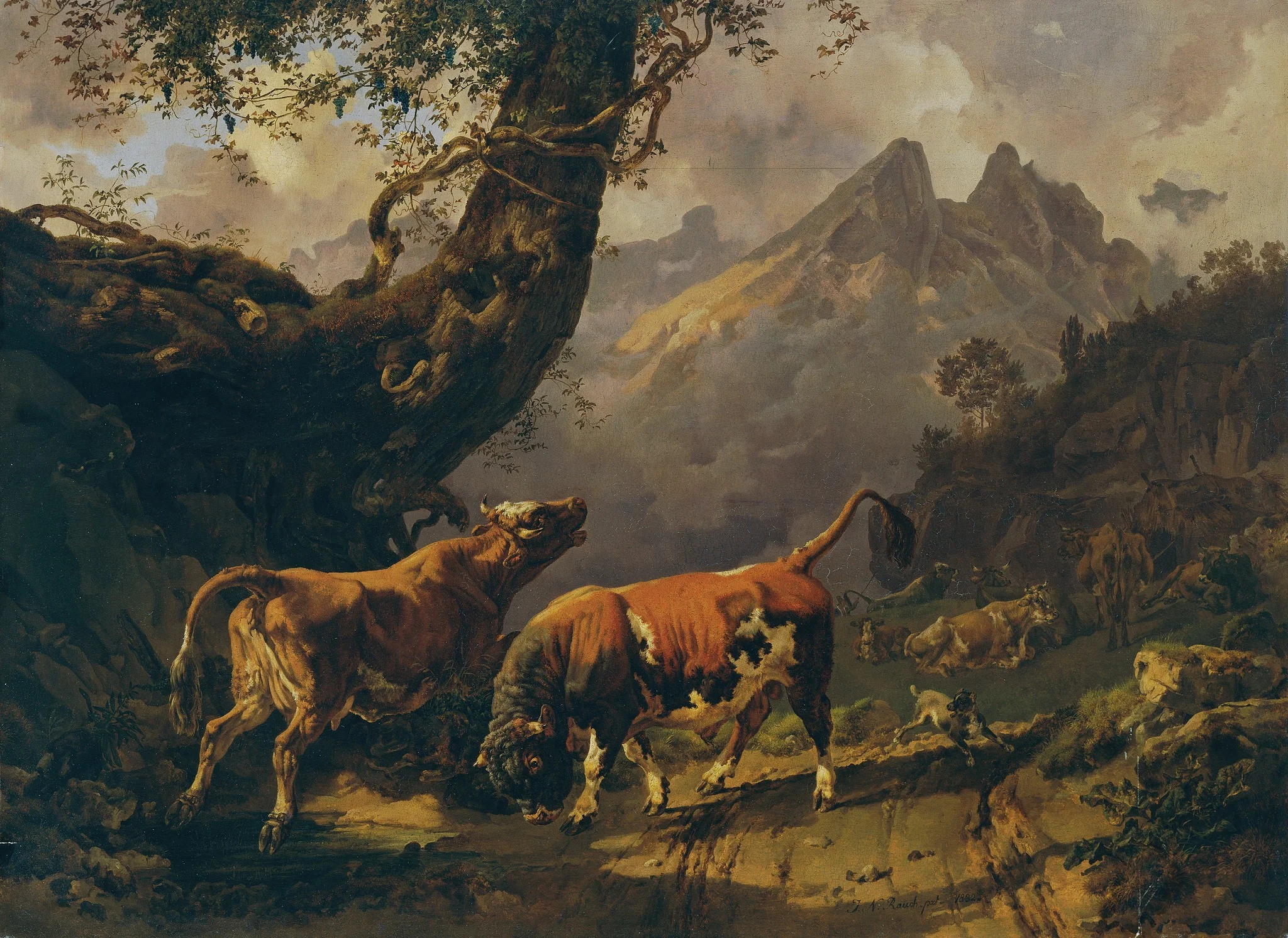 Bull chasing a cow with in the background the landscape around Carrara, detail
