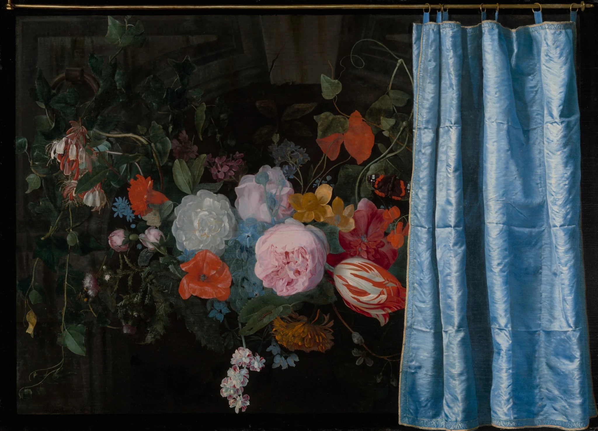 Trompe-l'Oeil Still Life with a Flower Garland and a Curtain, detail