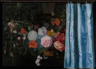 Trompe-l'Oeil Still Life with a Flower Garland and a Curtain, by Adriaen van der Spelt, oil, 1658