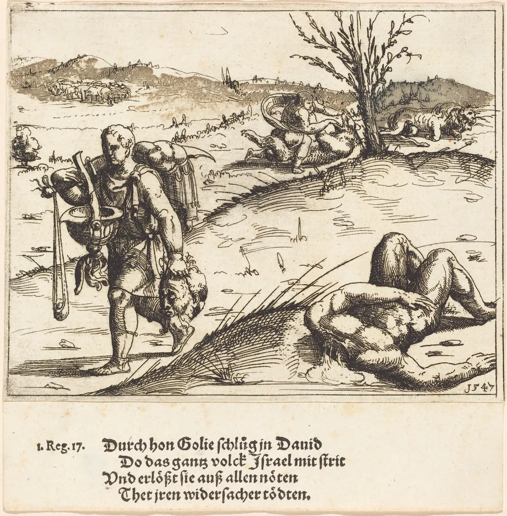 David Beheads Goliath, by Augustin Hirschvogel, ink, 1547