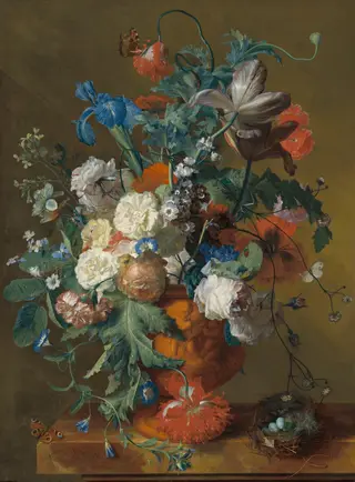 Flowers in an Urn, by Jan van Huysum, oil, 1721