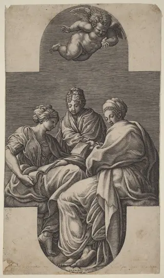 Three Muses and a Gesturing Putto, by Giorgio Ghisi, ink, 1564