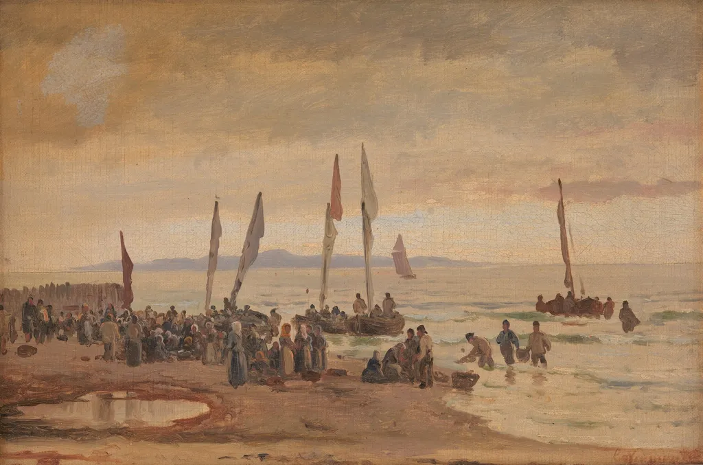 Hjemvendende fiskere modtages på Hornbæk Strand, by Carl Neumann, oil, 1869