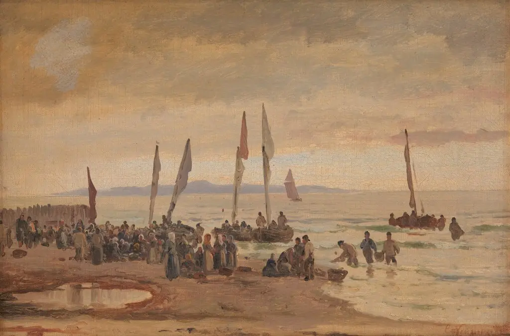Hjemvendende fiskere modtages på Hornbæk Strand, by Carl Neumann, oil, 1869
