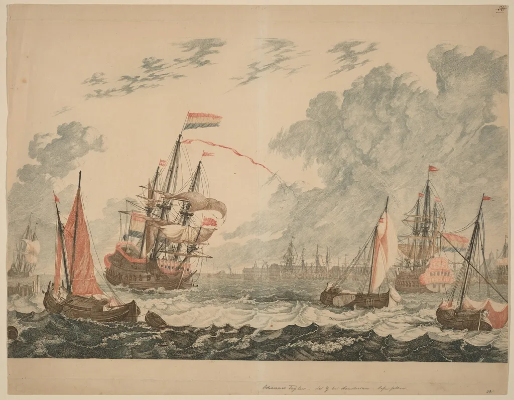 Amsterdam, Ships at the IJ on Choppy Water, by Johann Teyler, ink, 1691