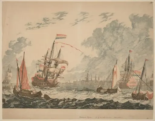 Amsterdam, Ships at the IJ on Choppy Water, by Johann Teyler, ink, 1691