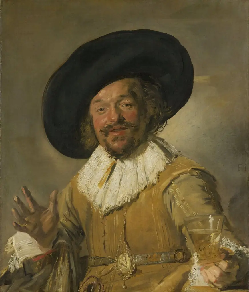 A Militiaman Holding a Berkemeyer, Known as the ‘Merry Drinker’, by Frans Hals, oil, 1629