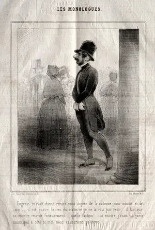 Les Monologues:  Eugénie m'avait donné rendez-vous auprès de la colonne pour minuit et demie..., by Charles Joseph Traviès de Villers, 1838