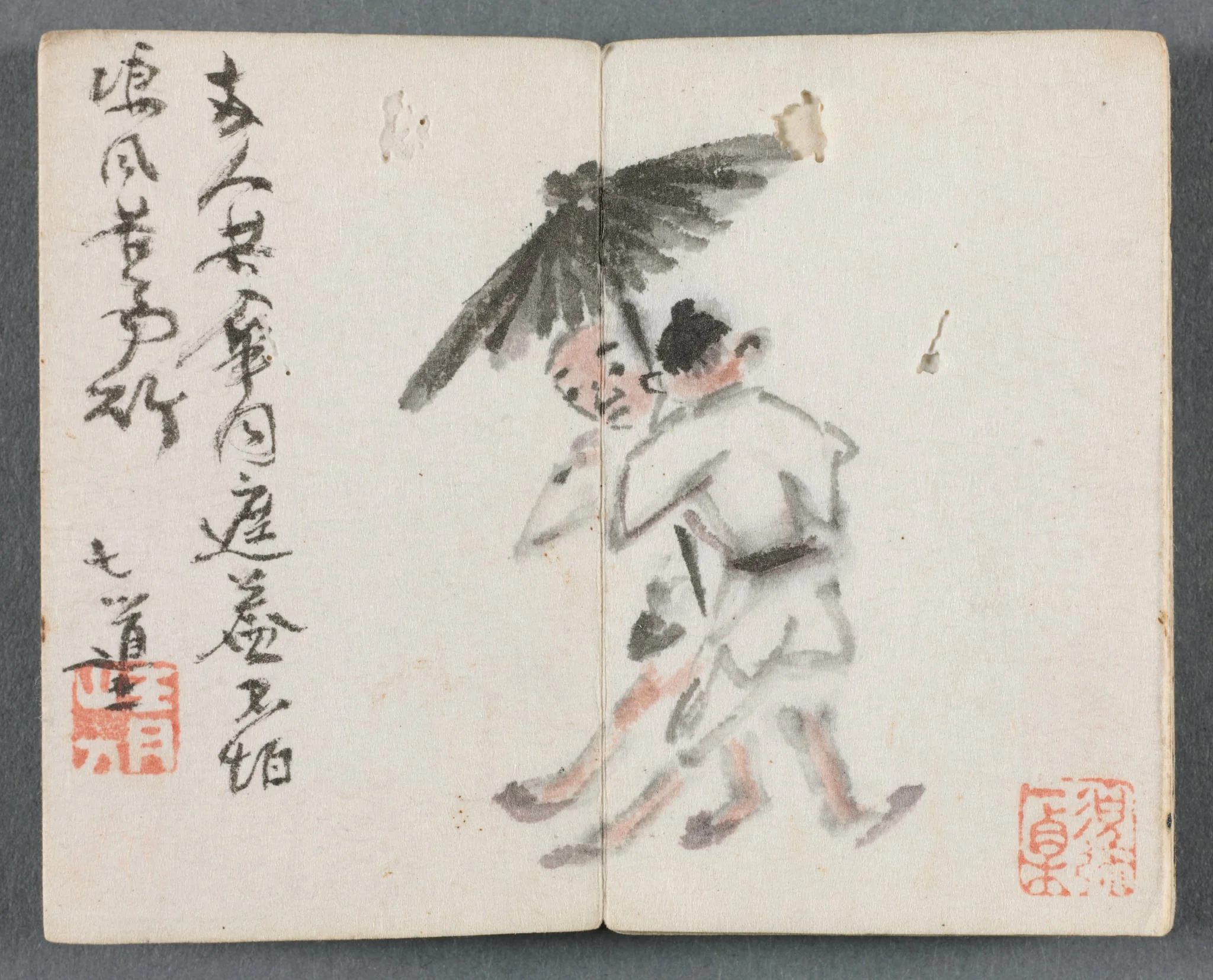 Miniature Album with Figures and Landscape (Two Men with Umbrella), detail