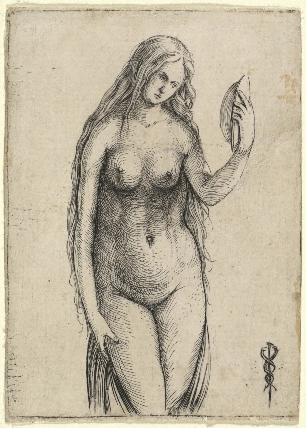 Nude Woman Holding a Mirror (Allegory of Vanitas), by Jacopo de' Barbari, ink, 1504