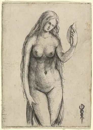 Nude Woman Holding a Mirror (Allegory of Vanitas), by Jacopo de' Barbari, ink, 1504