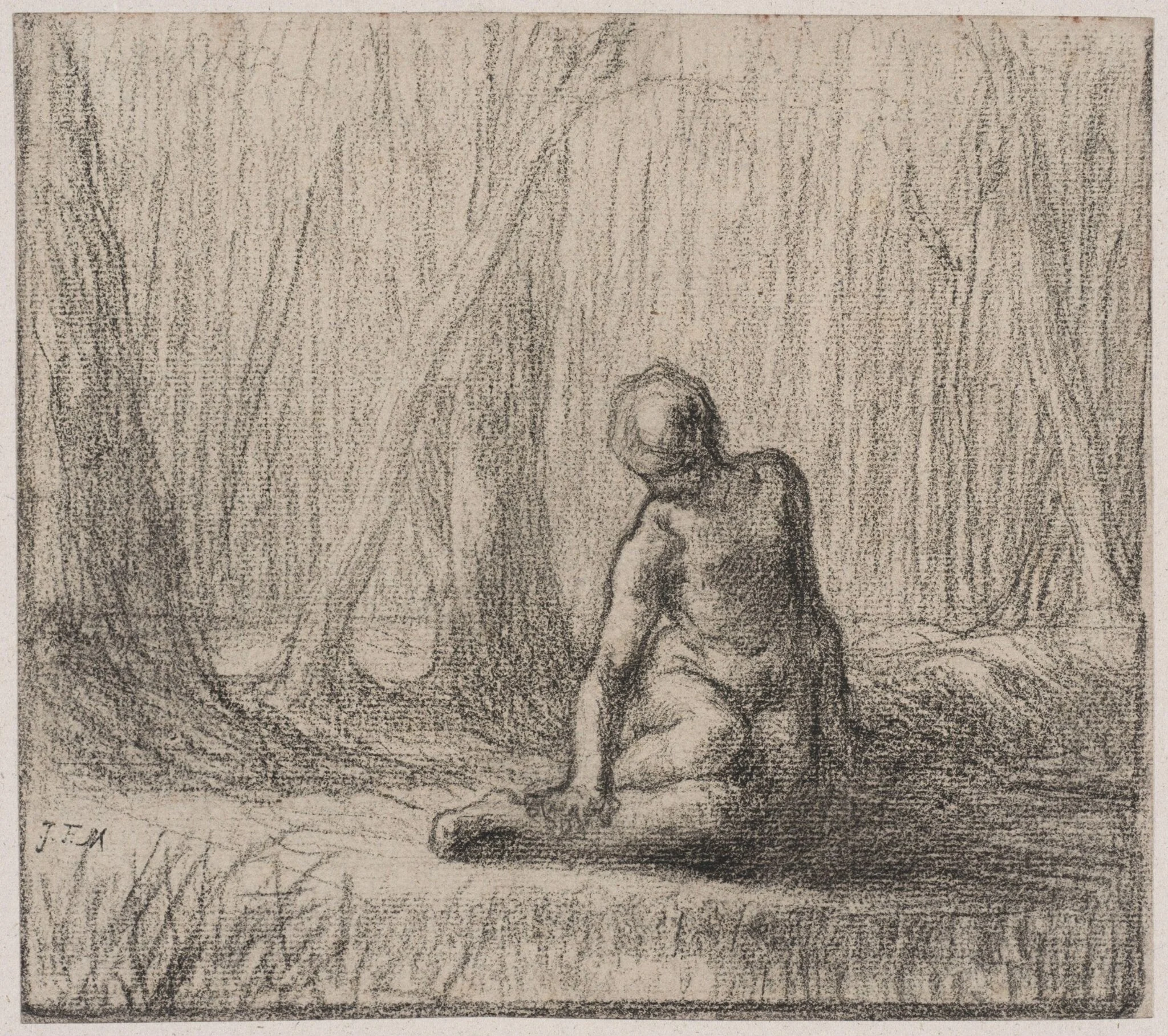 Female nude in a forest landscape, detail