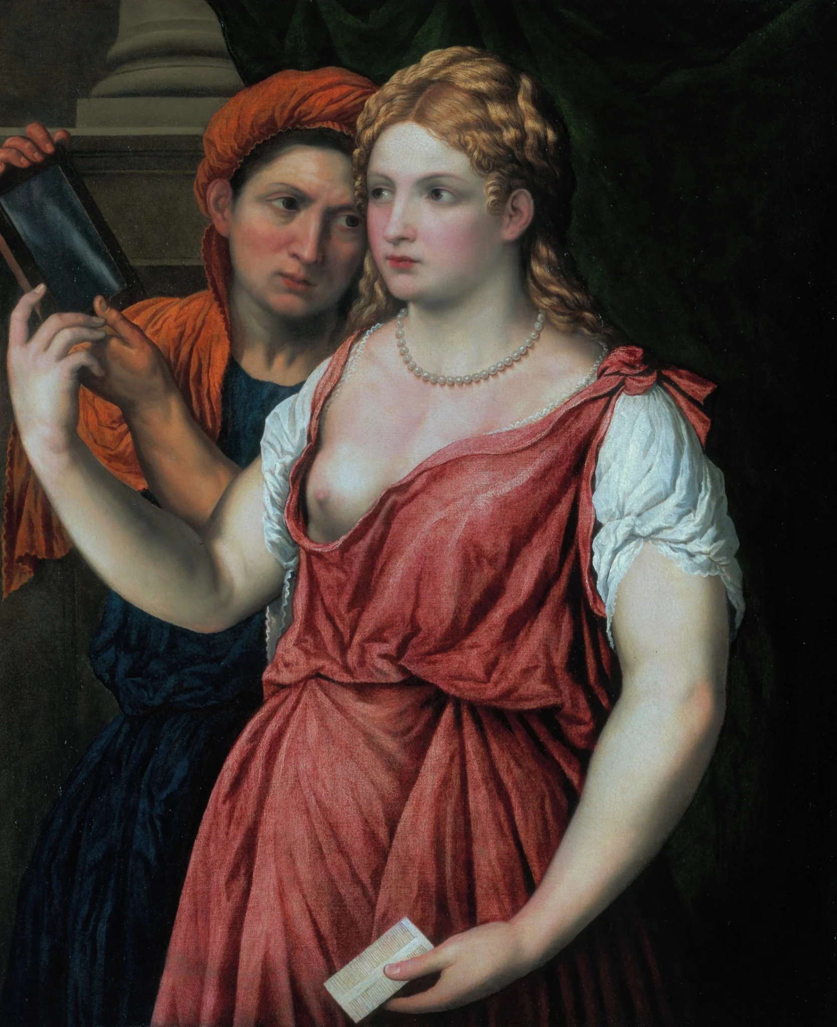 Young Woman Holding a Mirror with Her Servant, detail