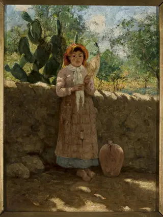 Vincenziana – girl with a distaff against a wall, by Curt Agthe, oil, 1898